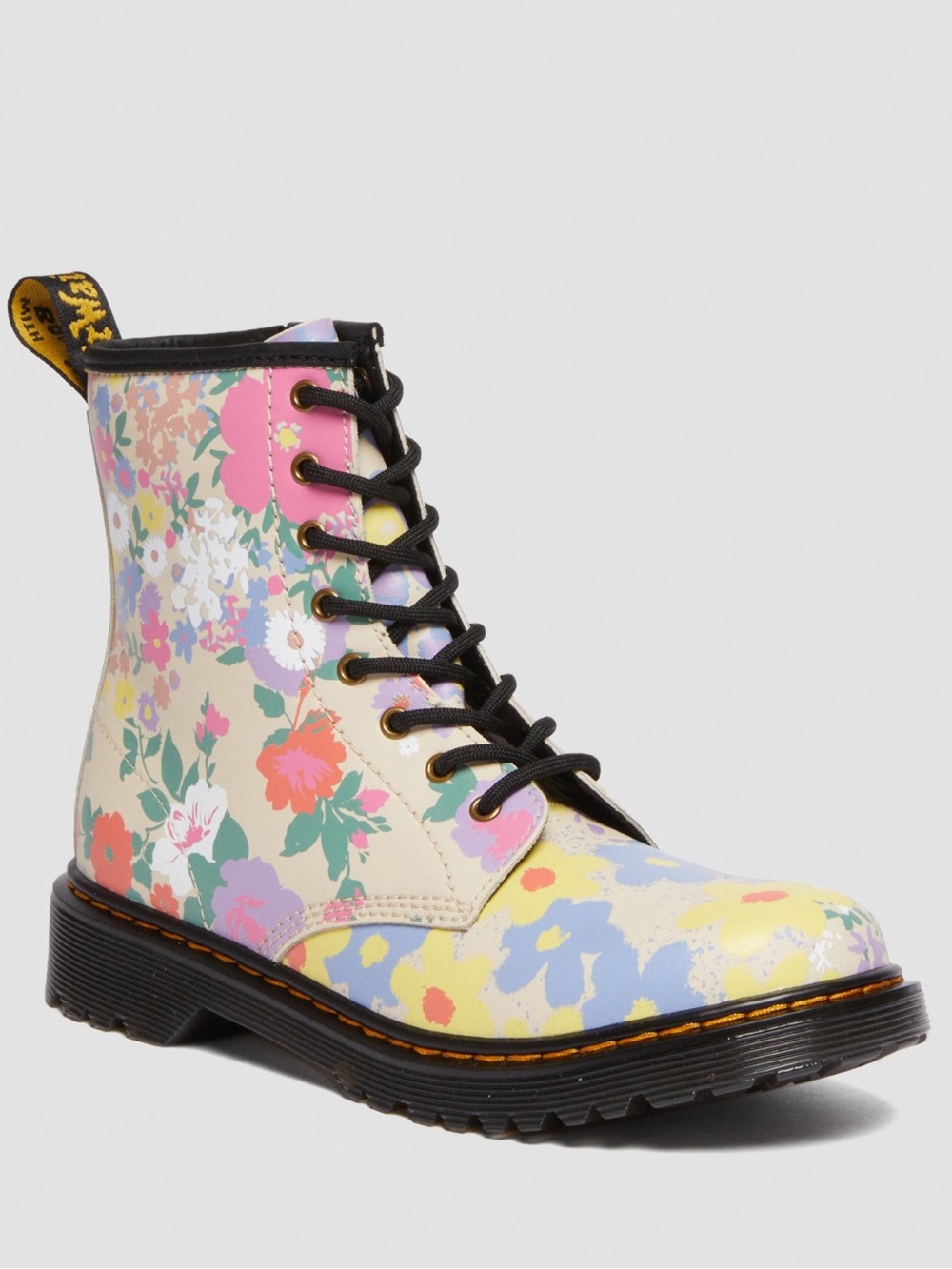 Dr. Martens Youth Floral Mix Lace-Up Boots - Cream, Pink, Yellow, Blue